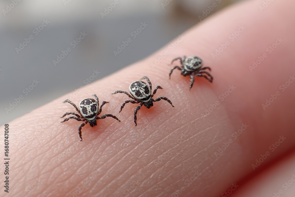Obraz premium Three tiny arachnids crawl on a finger
