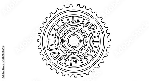 Gear or cog outline with intricate inner workings. Mechanical parts, engineering, industry, machinery, equipment