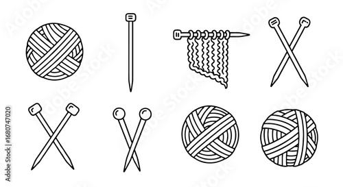 Knitting icons on white: yarn, needles, knitwear projects. Sewing, craft, hobby, woolen, knitted, handmade, tools, stitch, fiber, textile, crafting, design