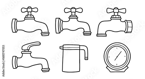 Faucets and a timer are drawn in outlines. Plumbing, fixtures, water conservation, time management, scheduling, deadlines, resources, sanitation, save water, utilities