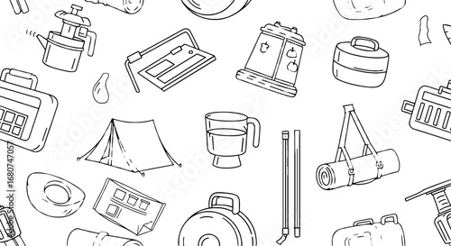Camping gear pattern for outdoor adventures. Equipment, travel, hiking, nature, vacation, adventure, recreation