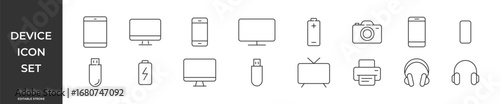Devices set of web icons in line style. Electronic devices, technology, computers, mobile phones. Editable stroke. Vector illustration