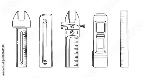 Tools and measurement instruments are depicted in line art. Engineering equipment, measuring devices, precision instruments, technical drawing, mechanical tools, accuracy.