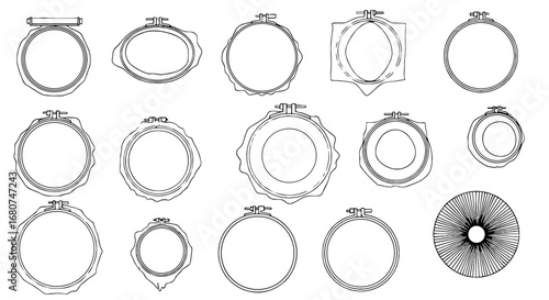 Embroidery hoops shown in different sizes and shapes. Crafting, needlework, sewing, hobby, artisan, textile, handmade, creativity, design, blank, circular.