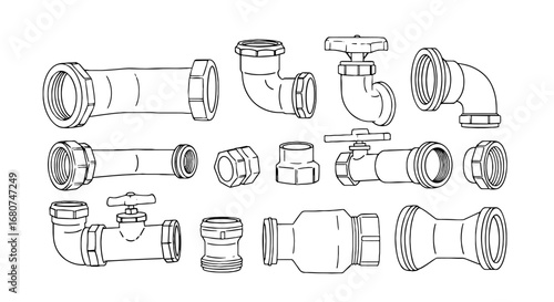 Line art of pipes and plumbing fittings. Home improvement, construction, connection, sanitary, pipefitting, repair, fixing, maintenance.