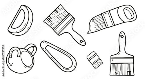 Paint brushes and tools outline drawing. Art supply, painting, equipment, painter, paintbrush, DIY, artist, hobby, craft, tools, workplace, sketch.