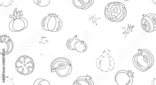 Vegetable line art seamless pattern. Organic, natural, farm fresh, healthy, food, ingredient, produce, botany, sketch, drawing, vegan