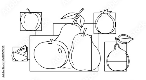 Fruit outlines drawing features apples, pears, citrus, and a pomegranate. Healthy eating, fresh produce, food, design.