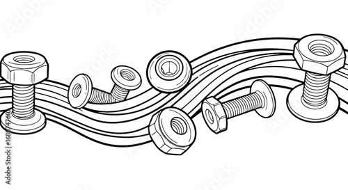 Line drawing of nuts and bolts of varying types, placed on wavy lines. Mechanical parts, construction, industry, fasteners, engineering, metalwork, hardware, fixing, assembly