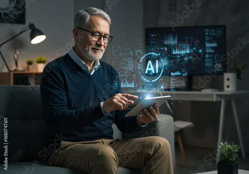 An elderly man uses a tablet and interacts with artificial intelligence technology at home. 