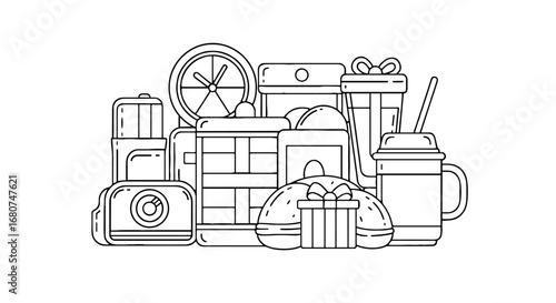 Modern lifestyle objects in outline style. Daily life, shopping, gifts, presents, vacation, gadgets, devices, snacks, sweets, coffee break, and celebration.