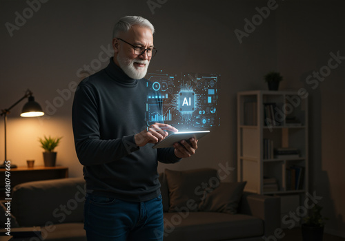 An elderly man uses a tablet with a holographic AI interface in a living room. 