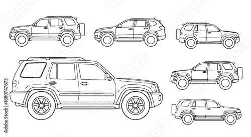 Cars are drawn with black lines on white. Automotive design, vehicle outlines, transportation, illustration, SUV, offroad, drawing, sketch, isolated, design.