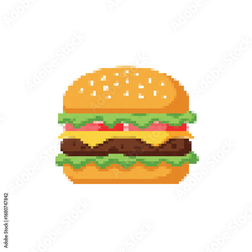A vibrant, retro-inspired pixel art hamburger featuring a juicy patty, fresh lettuce, sliced tomatoes, and melted cheese, perfect for nostalgic digital designs.