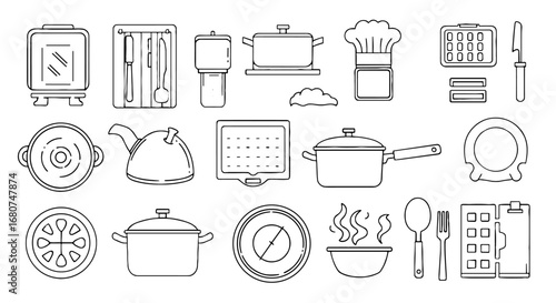 Kitchen utensils and cookware illustration, variety of kitchen equipment. Cooking, culinary, tools, kitchenware, food preparation, equipment, recipe, dining, chef