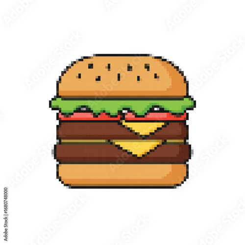 This vibrant pixel art double cheeseburger with two patties, melted cheese, fresh lettuce, and ripe tomatoes offers a nostalgic retro gaming aesthetic.