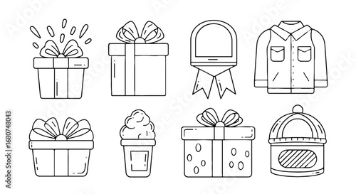 Line art illustration of gift boxes, jacket, and mug. Holiday gifts, present, package, clothing, winter, christmas, celebration