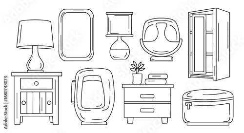 Furniture set in outline style, interior elements. Bedroom decor, room furnishing, home design, interior decoration.