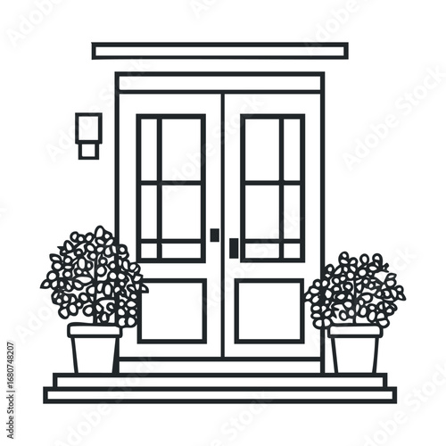 Inviting entrance with potted plants and minimalist double doors. Vector illustration