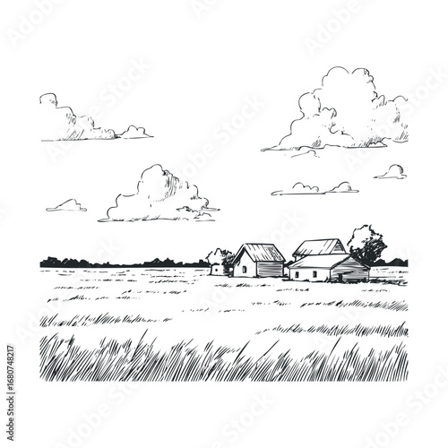 Tranquil countryside landscape with rustic homes under blue skies. Vector illustration