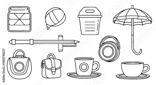 Collection of outlined everyday objects. Icon set, objects, outline, vector, illustration, art, design, isolated, clip art, symbol, element, graphic