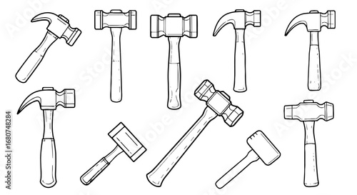 Collection of hammers in various styles. Tools, construction, equipment, carpentry, building, repair, hardware, manual, industry, labor, working, diy