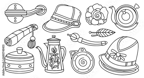 Collection of vintage objects outlined. Antique design elements, old fashion, illustration, retro style, decorative, artistic, art, classic, ornate, heritage