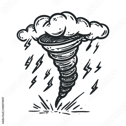 Dramatic storm with tornado and lightning in dark clouds. Vector illustration