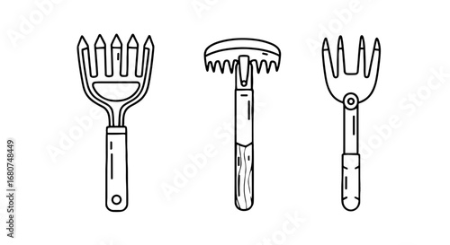 Gardening tools in simple black line art. Rakes, cultivating, planting, tending, agriculture, horticulture, farming, landscaping, drawing, cartoon, outline