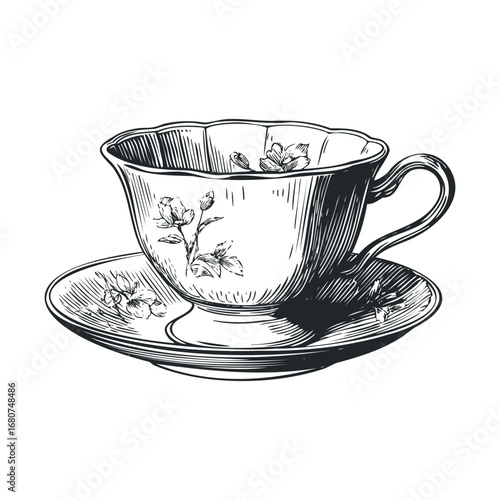 Elegant vintage teacup and saucer design with floral accents. Vector illustration