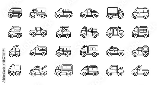 Line art depicts various trucks, vans, and tow trucks. Transportation theme, vector vehicles, automotive, transport, illustration, design, logistics, shipping, industry
