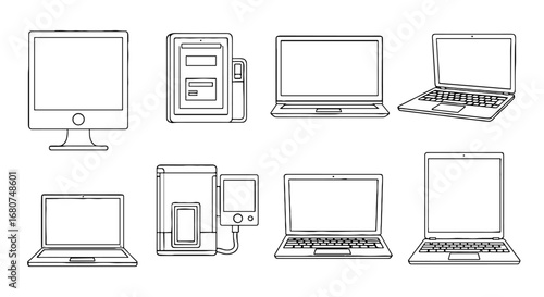 Devices showcase different screens and forms. Modern tech, computer, laptop, tablet, desktop, technology, electronics, communication, digital, smart, innovation, gadget.
