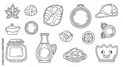 Set of outlined icons show various containers and objects. Cooking, storage, decoration, elements.