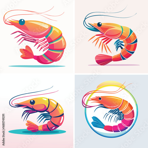 Prawn cheerful abstract ensemble, vivid vector artwork, lively pattern.
