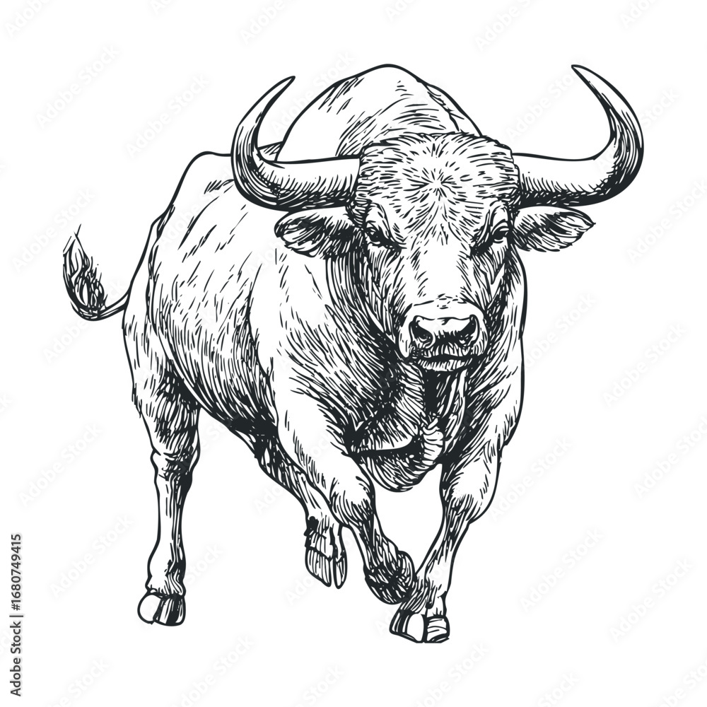 Naklejka premium Drawing of a strong bull charging in dynamic motion. Vector illustration