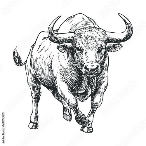 Drawing of a strong bull charging in dynamic motion. Vector illustration