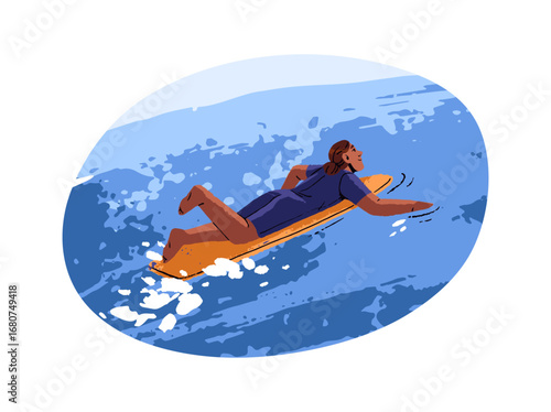 Rider in swimsuit is surfing on board in travel. Surfer rides on surfboard, catches waves in ocean on summer vacation. Extreme beach activity at sea resort. Flat isolated vector illustration on white