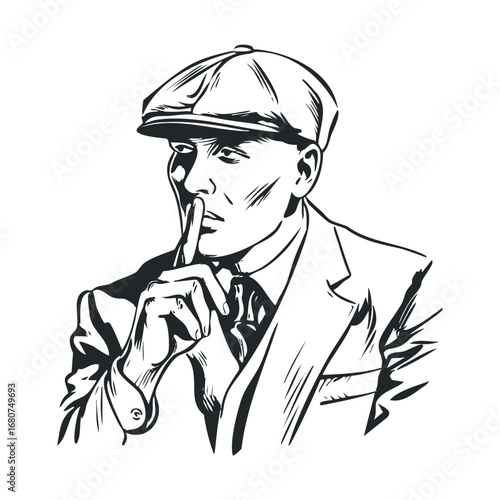 Vintage man in a flat cap gestures for silence. Vector illustration