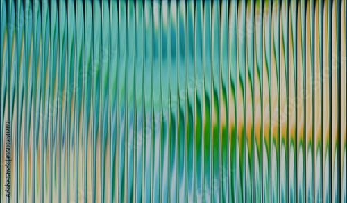 Smooth distortion texture with vibrant fractal gradient, iridescent glass ripple background, ribbed glass effect with vertical white highlights on green yellow gradient