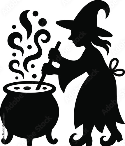 Witch stirring cauldron with magical smoke potion