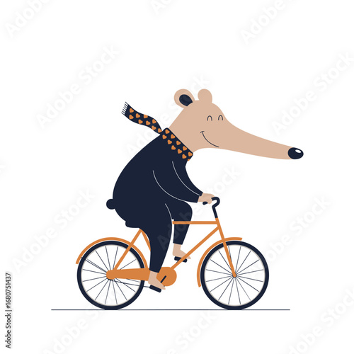 A charming bear with a scarf rides a bicycle on a sunny day adventure