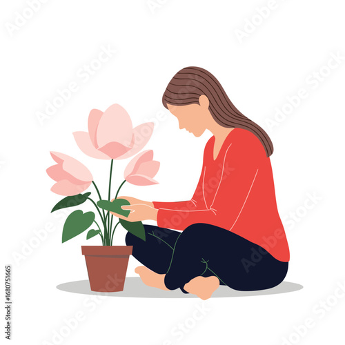 Woman tending to a potted plant with large pink flowers and green leaves in a calm and serene setting