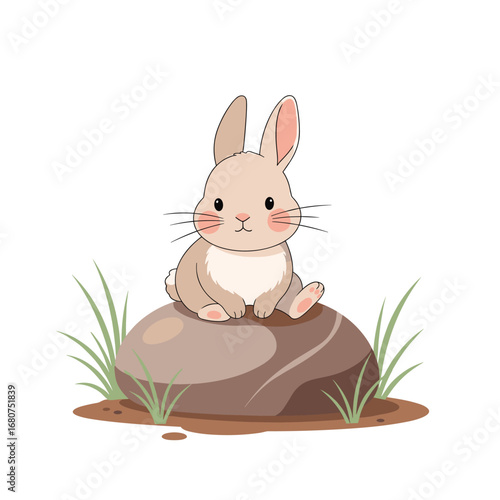 Adorable little rabbit sitting happily on a smooth round stone surrounded by green grass and subtle shrubbery