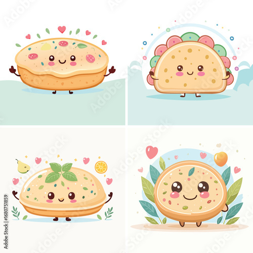 Focaccia pastel kawaii characters combined, bright and soft vector artwork.