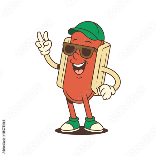 Hotdog mascot with a confident smile, green cap, and peace sign gesture, radiating a chill summer attitude. Great for casual branding, fun street campaigns, or fast food designs. Vector illustration