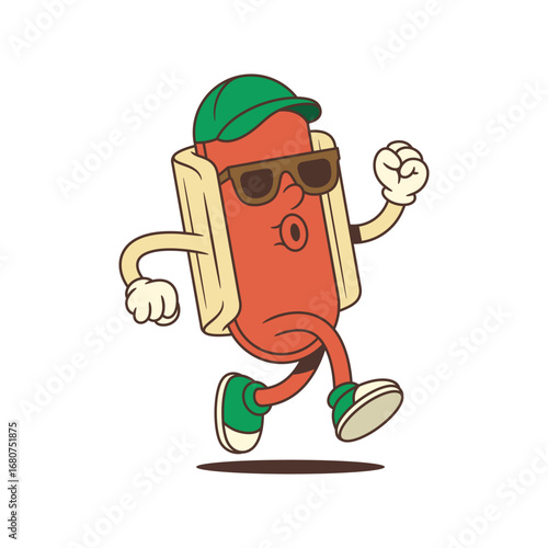 Energetic hotdog mascot in a fast running pose with a focused face, sunglasses, and sporty style. Great for active promotions, summer campaigns, or dynamic fast food branding. Vector illustration