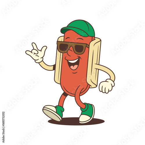 Cool hotdog mascot wearing sunglasses and green cap gives a thumbs-up with a confident stance. Ideal for casual marketing, branding, or summer street food events. Vector illustration