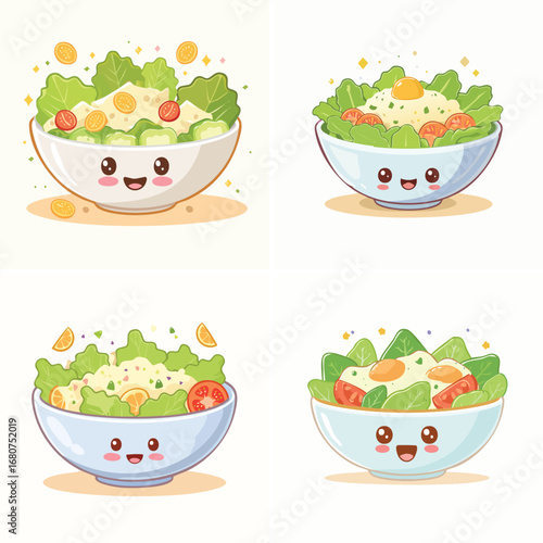 Caesar Salad pastel kawaii characters combined, bright and soft vector artwork.