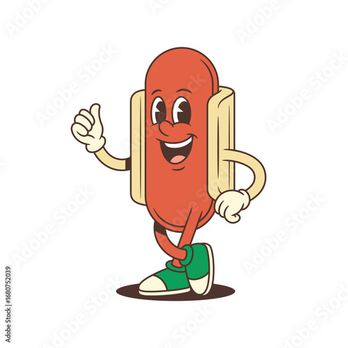 Cheerful hotdog character shows a thumbs-up with a confident smile and relaxed stance. Ideal for approval themes, ads, or food branding. Vector illustration