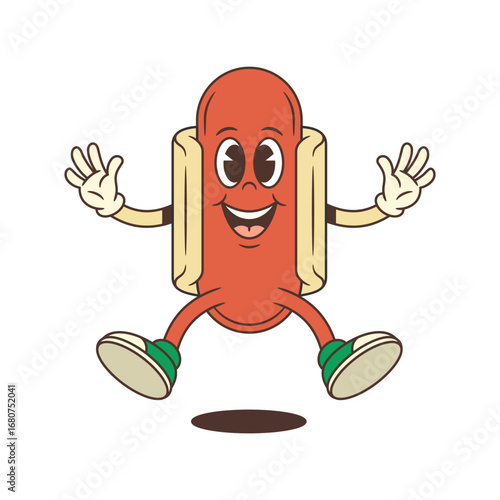 Playful hotdog mascot jumping high with arms lifted in excitement and joy. Perfect for children's events, fun advertising, or energetic promotional themes. Vector illustration